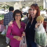 Timaree Hagenburger and Tracy Sellers shopping at the Downtown Farmers' Market for an upcoming California Bountiful TV segment.