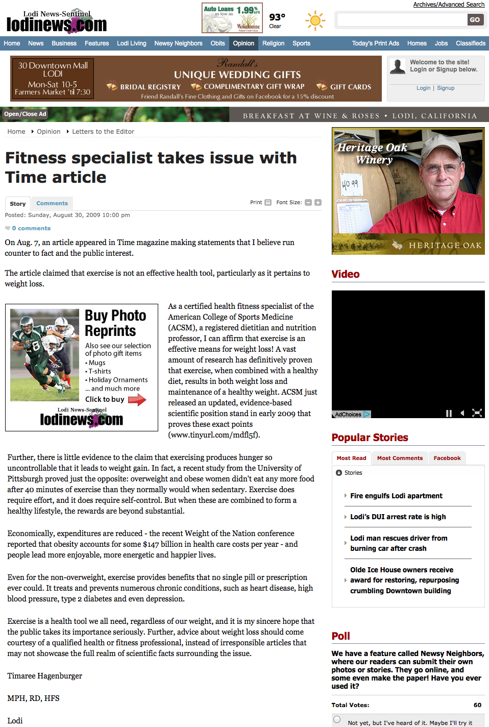 Fitness specialist takes issue with Time article - Lodinews.comLetters To The Editor